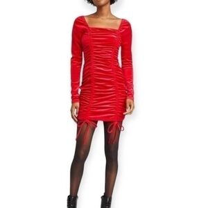 Wild Fable Dress Red Velvet Long Sleeve Bodycon Drawstrings Mini Sexy Party